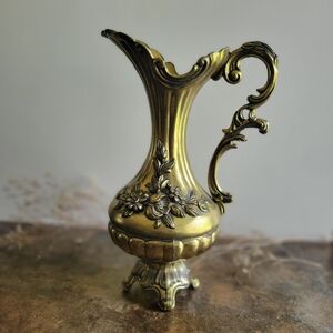 Vintage Italian Brass Footed Jug Shaped Pitcher Vase with Floral accents.